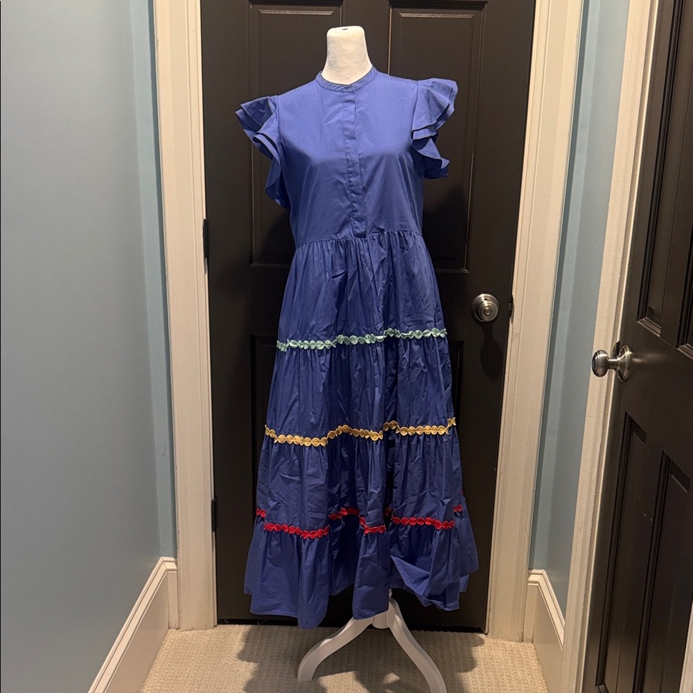Crosby Blue Dress with tiered skirt and colorful Stripes